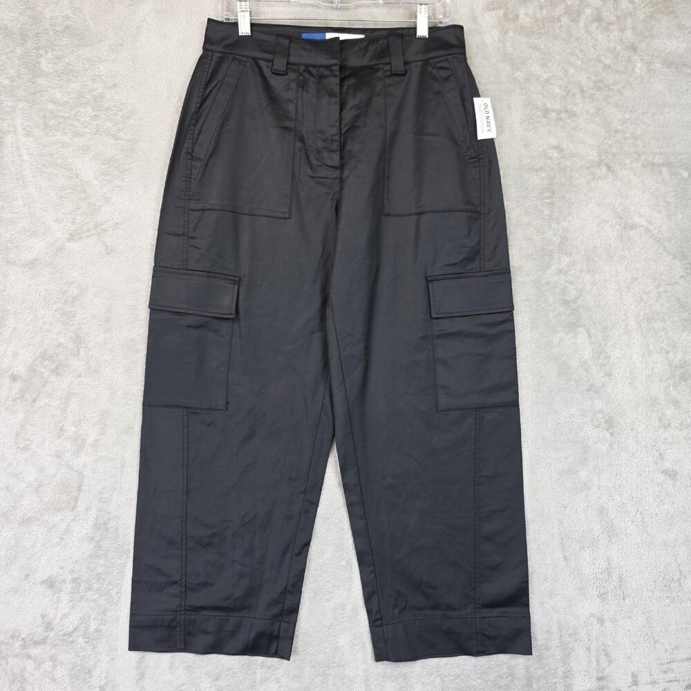 Old Navy Cargo Pants Womens 6 Petite Black Satin Wide Leg High Rise Cropped
